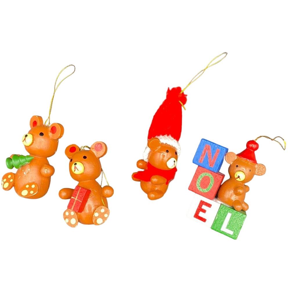 Lot of 4 Vintage Hand Painted Wooden Noel Teddy Bear Christmas Ornaments